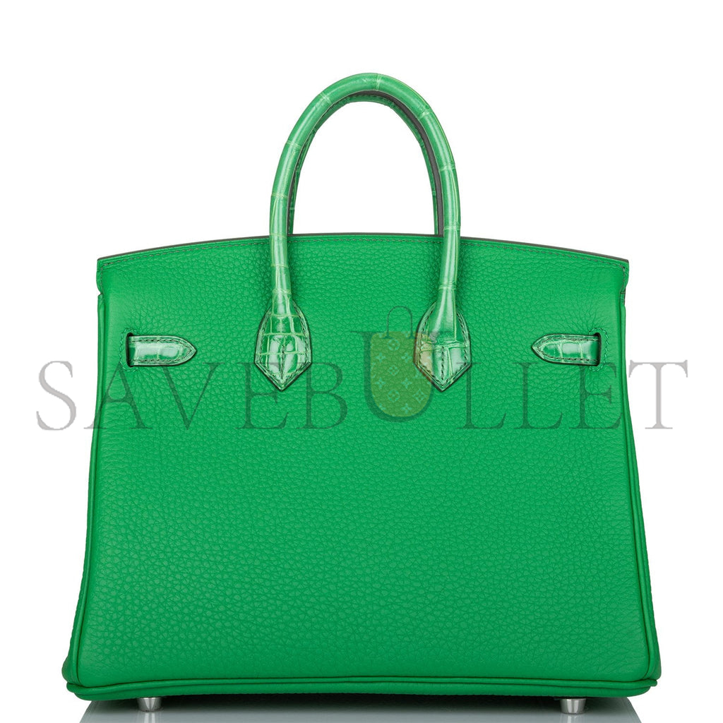 HERMÈS MASTER BIRKIN 25 CROCODILE AND TOGO LEATHER BAMBOO GREEN SILVER BUCKLE H076216CK21 (25*20*13cm)